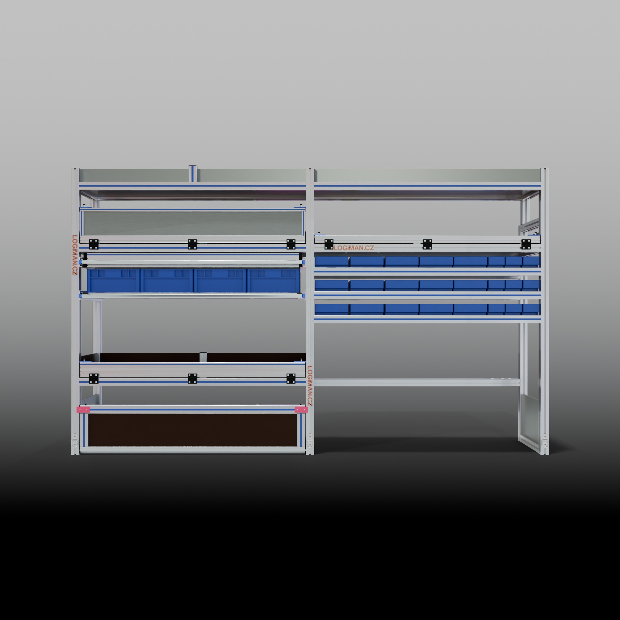 Regálová vestavba – Ford Transit L3H2 FWD - pohled zepředu