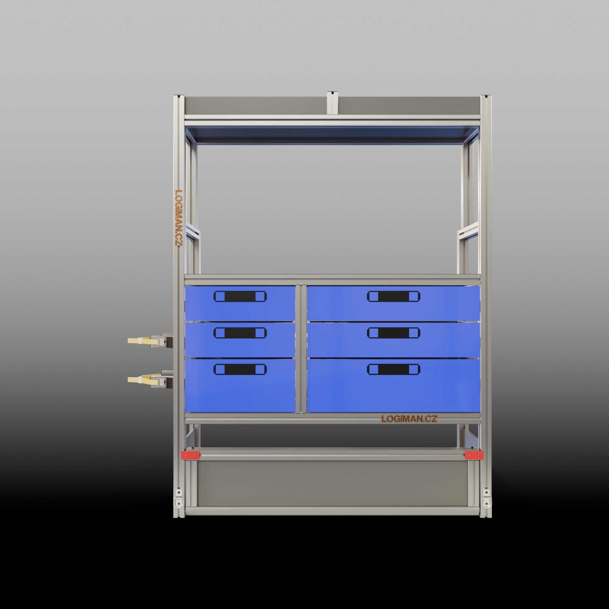 Regálová vestavba – VW Crafter L3H3 FWD - pohled zepředu